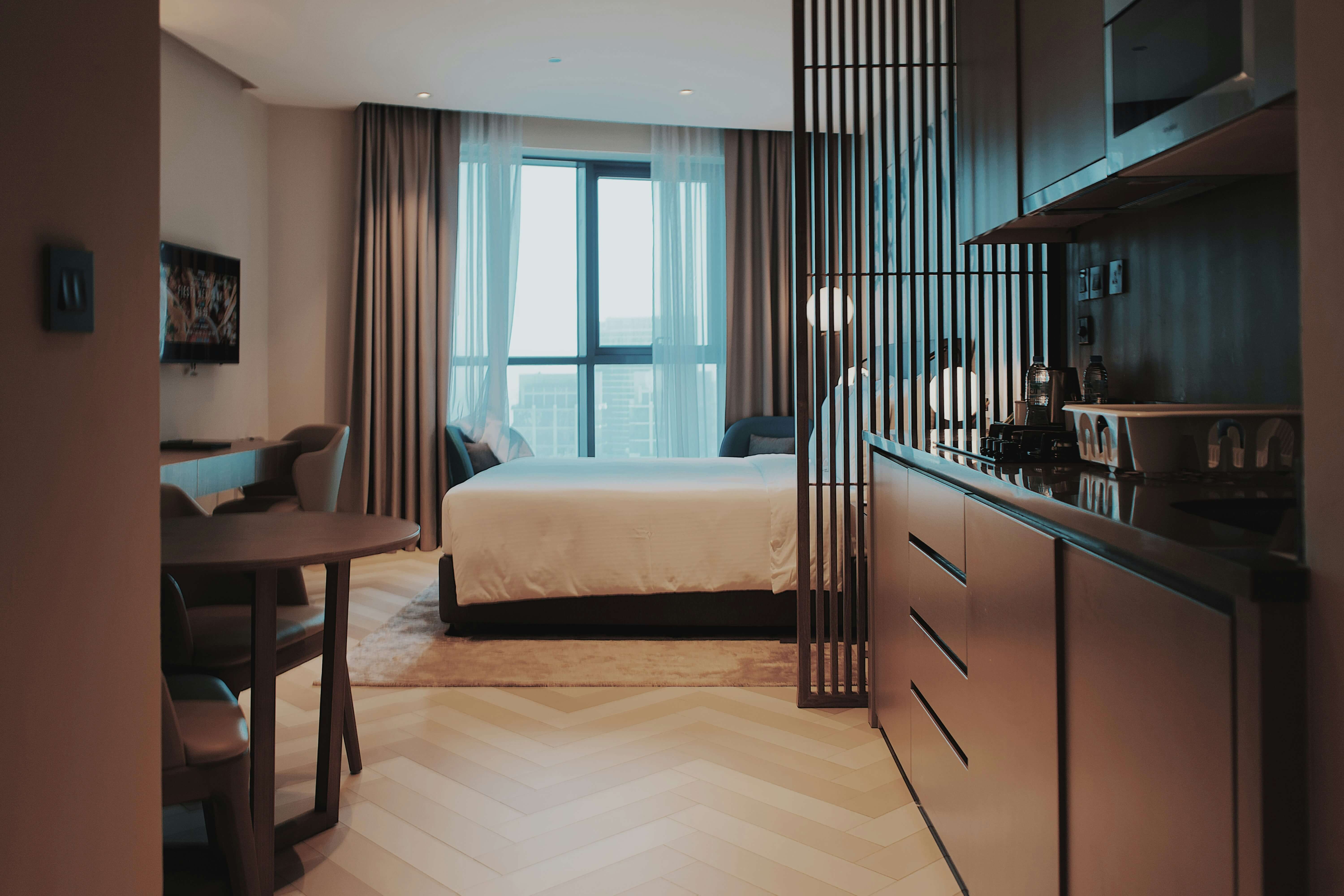 the stylish interiors of a luxury hotel room in London