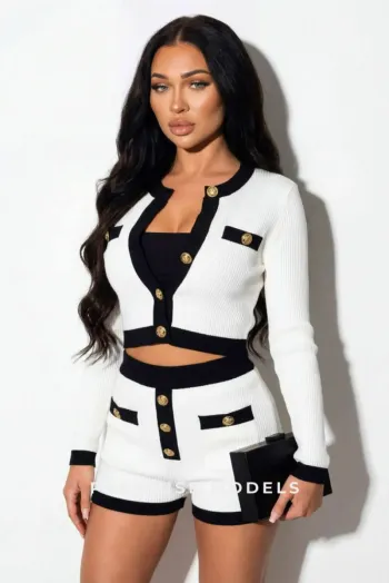 british escort Savannah in a white suit